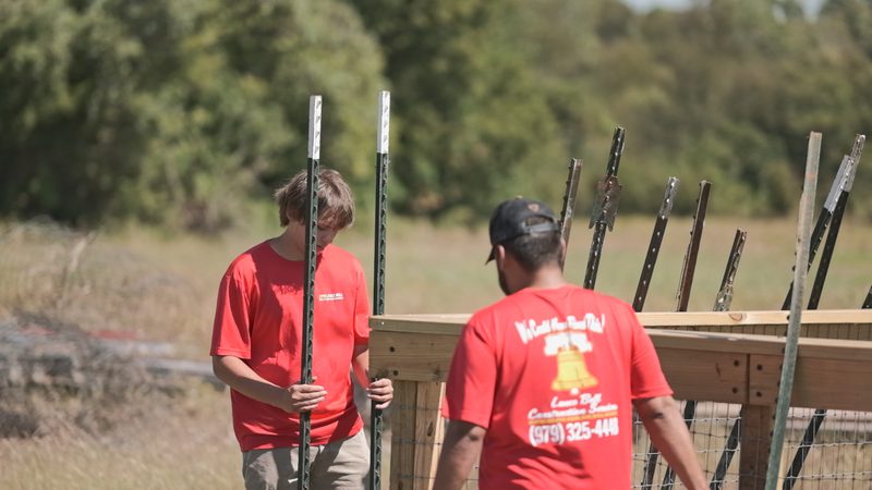 A Bell crew member seen from behind in a red company shirt, carrying steel T-posts beside a new wood-framed wire fence