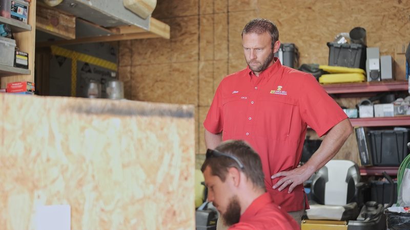 Two people in red company shirts in a workshop, shelves of tool totes and bins behind them.